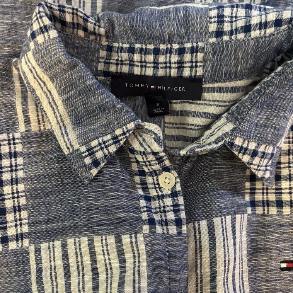 Tommy Hilfiger Blue Plaid Patchwork Sleeveless Shirt Dress Womens 8 Tie Waist - Picture 10 of 12